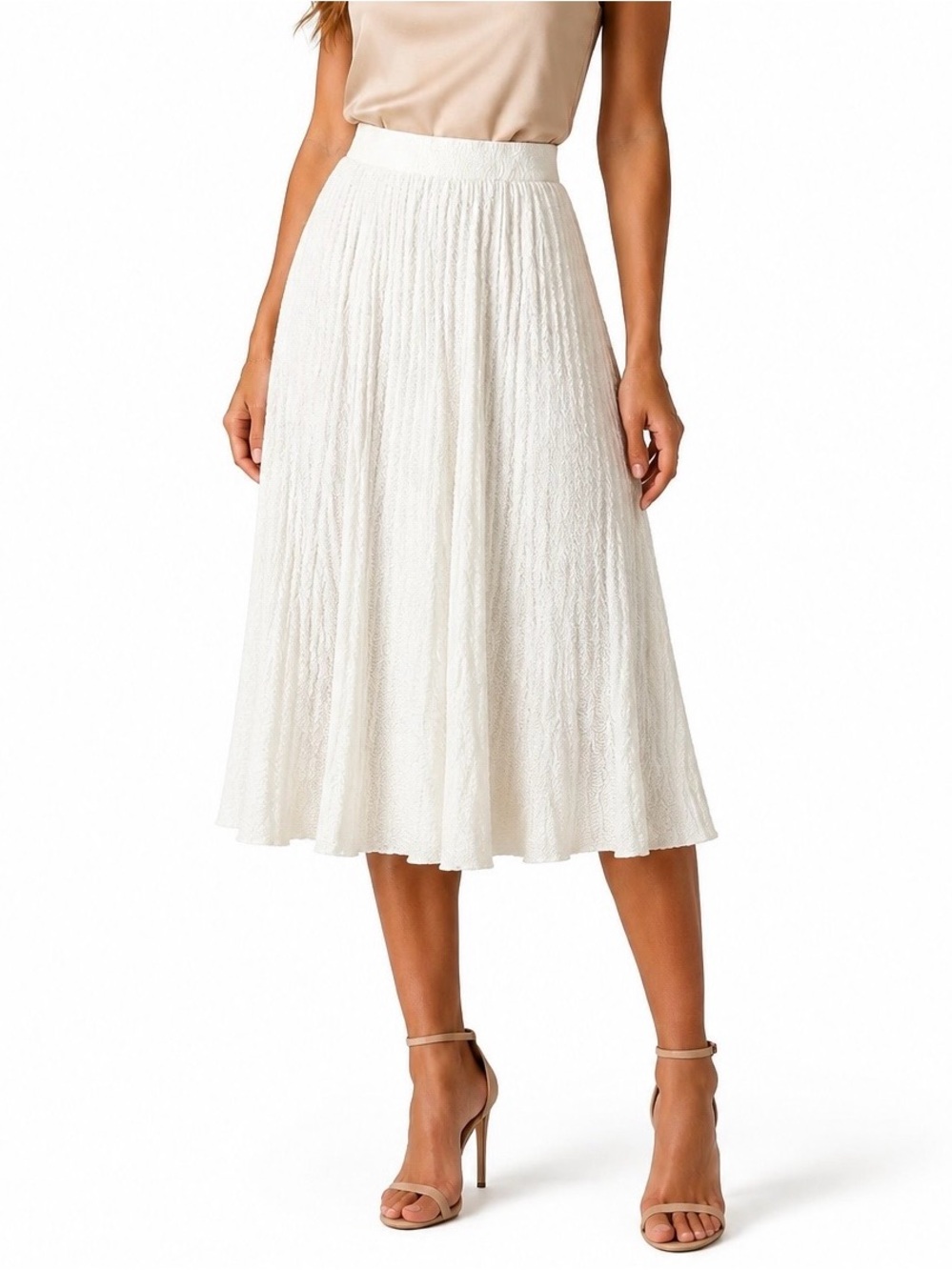 PacSun Cream Midi Skirt with Textured A-Line Silhouette